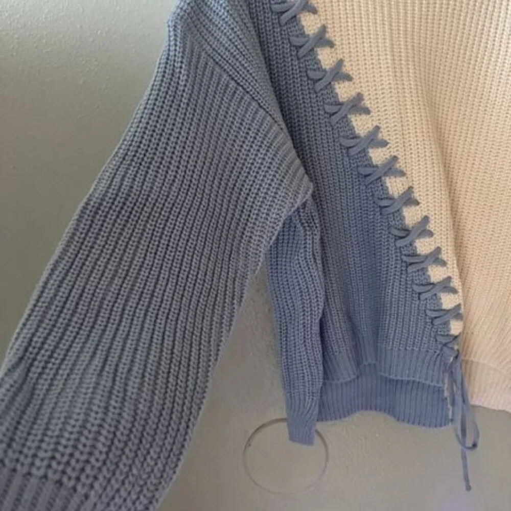 Two-Tone Lace-Up Sweater Davi & Dani 100% Acrylic block color women fall fashion